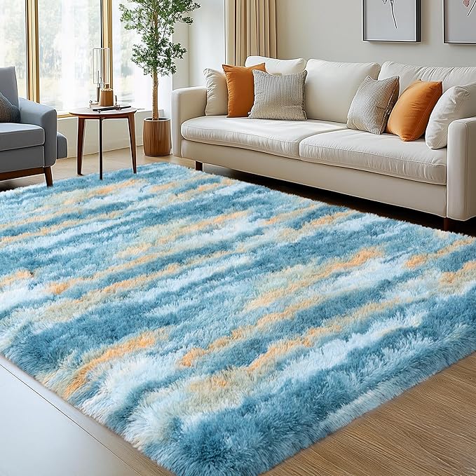 Blue Rugs for Bedroom, 4x6 Fluffy Fuzzy Modern Indoor Floor Rugs for Living Room, Soft Non-Slip Plush Shag Rug for Dorm Kids Room Home Decor, Blue Abstract