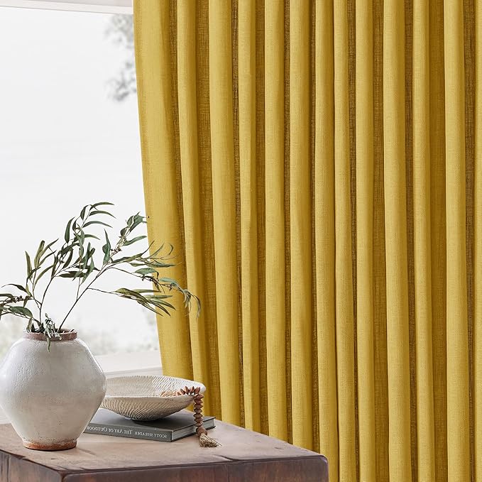 Mustard Yellow Pinch Pleated Linen Curtains 45 Inch Length 2 Panels Set for Bedroom Dining Room Kitchen Semi Sheer Linen Boho Retro Farmhouse Small Window Curtains 45 Inches Long Harvest Gold Yellow