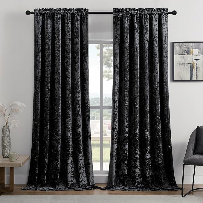 SMILETIME Black Crushed Velvet Curtains 52x96inch Rod Pocket Luxurious Thermal Insulated Soundproof Drapes Soft and Durable Light-Filtering Window Treatments for Living Room Bedroom, 2 Panels