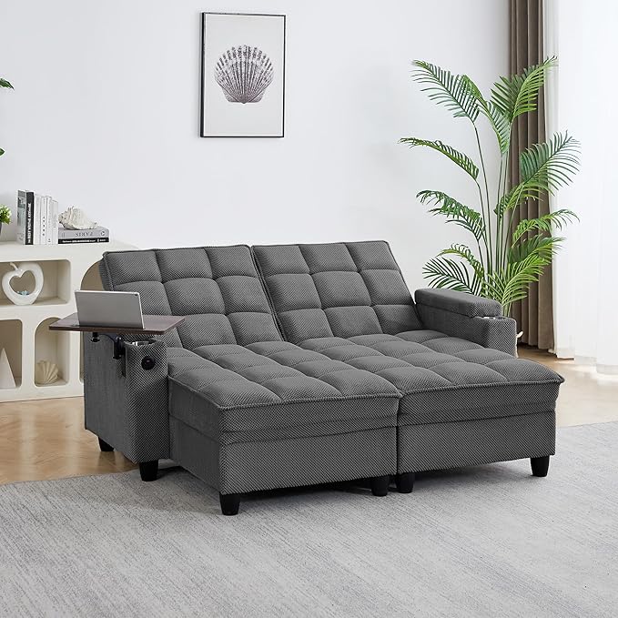70.9" Chaise Lounge Chair Indoor, Oversized Boucle Upholstered Sofa Bed, Adjustable Backrest Deep Seat Reading Chair, Sofas Couches for Living Room with Storage, Cup Holders & 360° Swivel Side Table