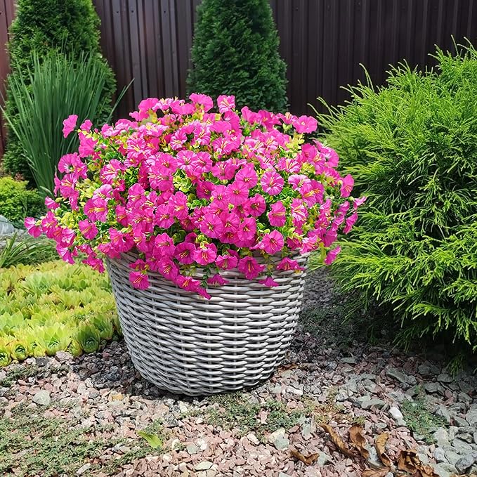 Artificial Flowers Fake Plants for Outdoors Decoration, 12 Bundles Silk Morning Glory with Eucalyptus Realistic UV Resistant Fuchsia Faux Flowers for Outside Planter Yard Patio Garden Home Indoor Urn