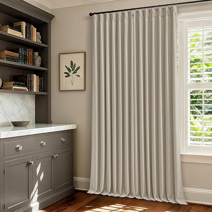 108 Inch Pinch Pleat Blackout Curtains 108 Inches Long for Bedroom Neutral Farmhouse 100% Black Out Room Darkening Burlap Thick Linen Double Layer Pleated Curtain 2 Panels Set Oatmeal Beige Sand