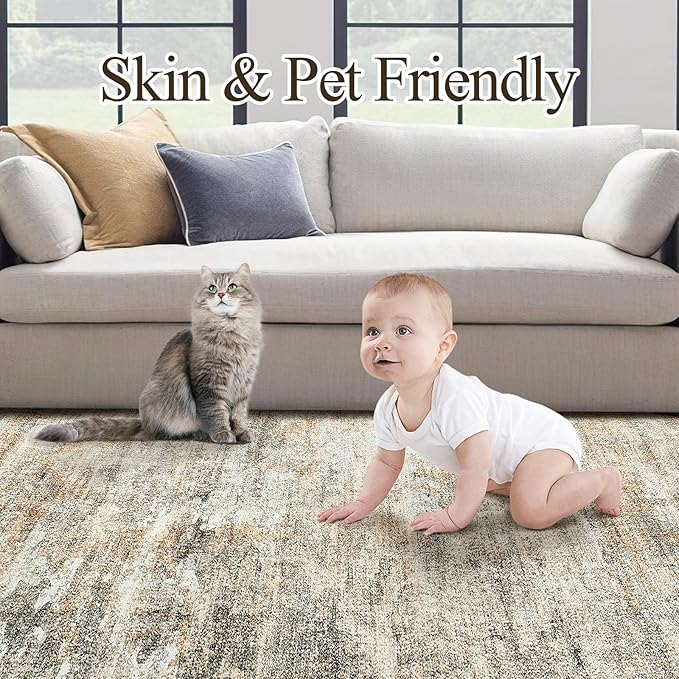 6x9 Abstract Area Rugs for Living Room 6 x 9 Washable Non Slip Low Pile Rugs for Bedroom Dining Room Foldable Thin Brown Grey