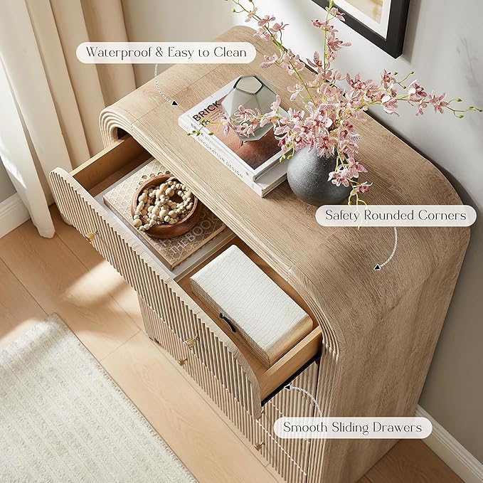 T4TREAM Fluted Dresser with 5 Drawers, 48" Tall Modern Chest of Drawers with Thickened Curved Profile Design, Wood Closet Clothes Storage Organizer for Bedroom, Living Room, Hallway, Natural Oak