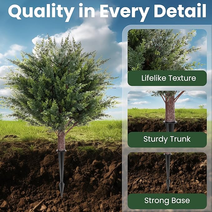 23.6" Artificial Topiary Cedar Trees with 4 Ground Stakes, Faux Outdoor Evergreen Shrubs, UV Resistant Fake Cedar Plants for Porch, Patio, Garden, Yard, Lawn, Landscape Decoration - 2 Pack