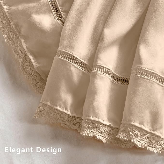 MIYE Wrap Around Ruffled Lace Bed Skirt, Elastic Dust Ruffle with Adjustable Belts, Easy to Put On, Bed Frame Cover, Machine Washable (Floral Lace/Beige, Full/Twin-15 Drop)