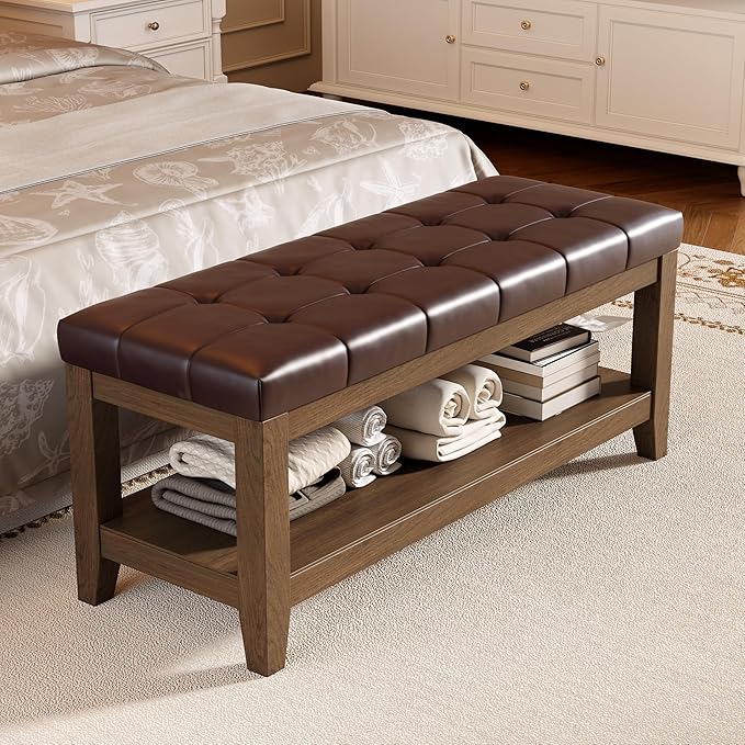Solid Rubber Wood Shoe Bench, Easy-Clean PU Upholstered Seat, 770LB Load, Space-Saving Storage for Entryway/Living Room, Easy Assembly, Vintage Style, 43.3"x15.7"x17.7", Brown, UASND65R