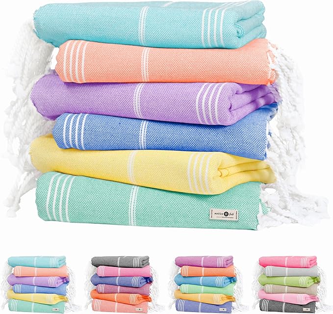 Native Fab Turkish Cotton Beach Towels Set of 6, Oversized 40x71 Inches, Thin & Lightweight, Quick Drying, Sand Resistant, Compact for Travel - Perfect for Summer, Beach, Pool, Spa - Multi 6 Colors