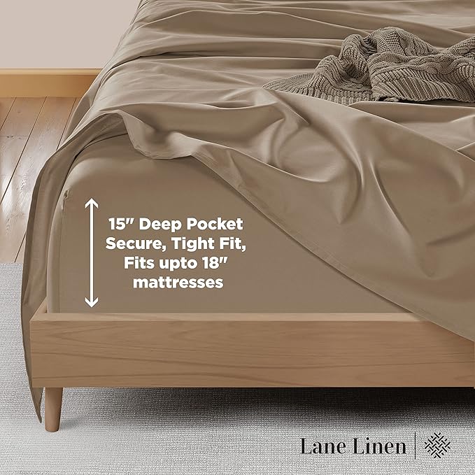 LANE LINEN 600 Thread Count 100% Mercerized Cotton Full Size Sheets Set, Sateen Weave for Soft & Comfy Sleep, 15 inch Deep Pocket Machine wash Bed Sheets, Luzury Hotel Style Full Size Set- Taupe
