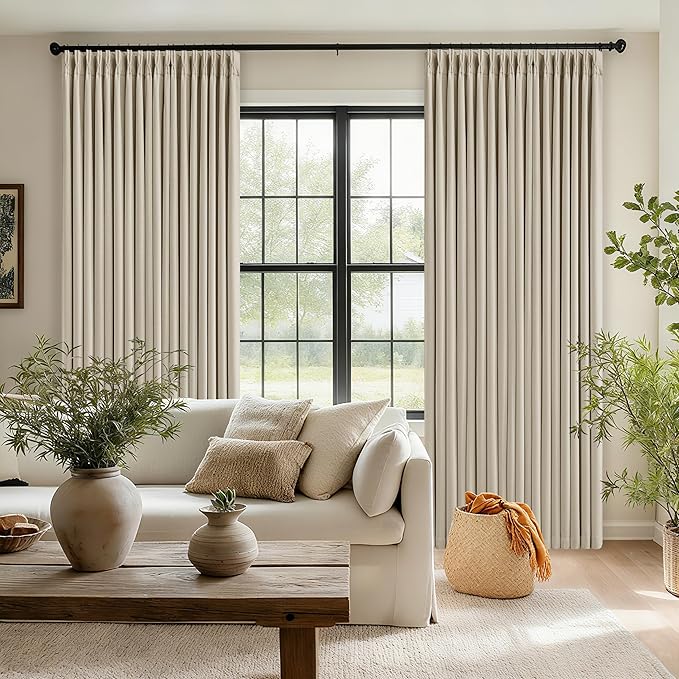 108 Inch Pinch Pleat Blackout Curtains 108 Inches Long for Bedroom Neutral Farmhouse 100% Black Out Room Darkening Burlap Thick Linen Double Layer Pleated Curtain 2 Panels Set Oatmeal Beige Sand