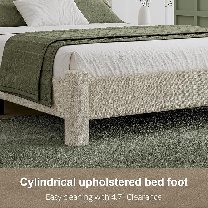 Full Size Bed Frame, Boucle Upholstered Platform Bed with Headboard and Footboard, Soft Rounded Corners, No Box Spring Required, Easy Assembly, Cream