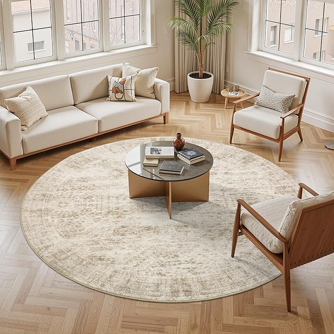 9x9 Beige Round Rug 9ft Living Room Circle Rug Vintage Round Area Rug Non Slip Indoor Carpet for Apartment
