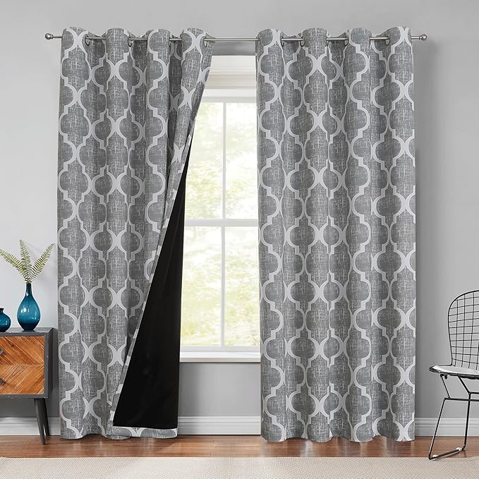 Beauoop 100% Blackout Curtains 96 Inches Long 2 Panels for Bedroom Living Room Grey Moroccan Geo Room Darkening Thermal Insulated Soundproof Grommet Top Window Treatments Drapes, 50x96 Set of 2