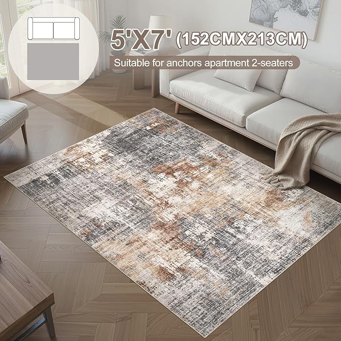 Area Rug Living Room Rugs - 5x7 Washable Large Soft Indoor Neutral Modern Abstract Low Pile Rug Carpet for Bedroom Dining Room Farmhouse Home Office - Grey Brown