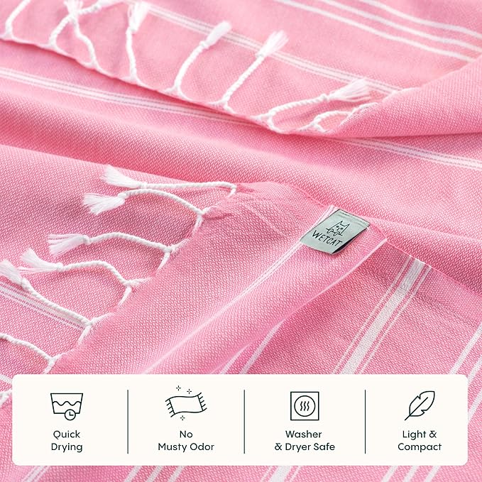 WETCAT Turkish Hand Towels with Hanging Loop, Set of 2 (20" x 30") 100% Turkish Cotton, Pre-Washed, Quick Drying, for Kitchen or Bathroom - Light Pink