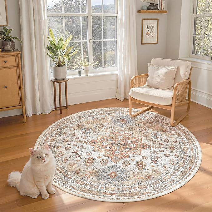 zesthome Washable Round Rug - 5ft Ultra-Thin Circle Area Rugs, Vintage Non-Slip Low Pile Rug for Living Room, Stain Resistant Rug for Bedroom, Entryway, Kitchen, Nursery