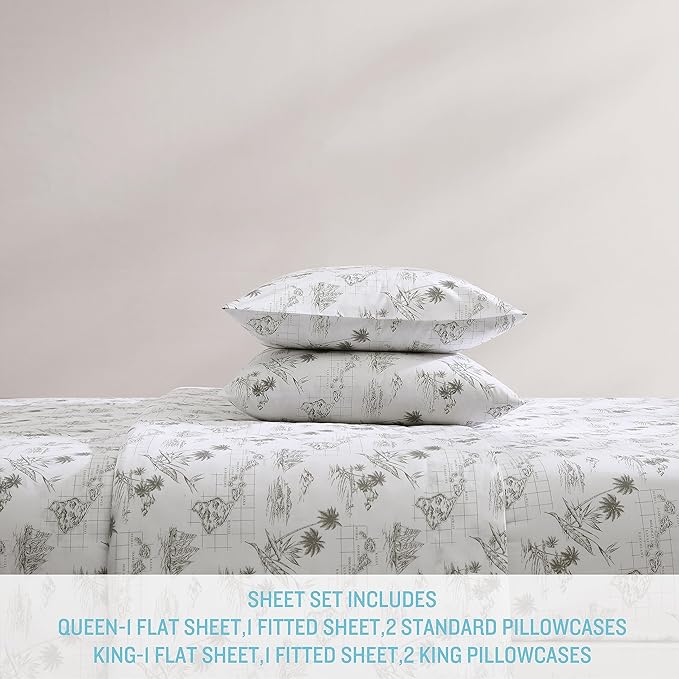 Tommy Bahama - Queen Sheets, Cotton Percale Bedding Set, Crisp & Cool, Stylish Bedding Set (Vintage Map Brown, Queen)