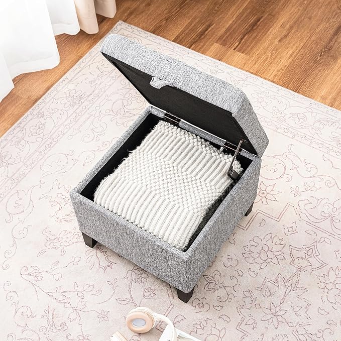 Adeco 17" Square Ottoman with Storage, Small Grey Storage Ottoman Foot Rest with Hinged Lid & Solid Wood Legs, Linen Fabric Foot Stool for Living Room & Bedroom
