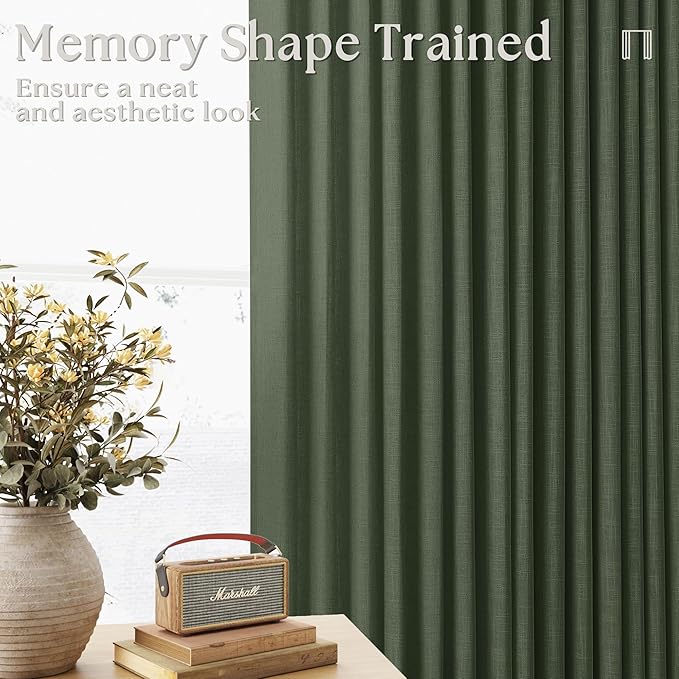 Olive Green Linen Curtains 45 Inch Length 2 Panel Set for Small Windows Rustic Country Linen Cotton Light Filtering Drapes Privacy Pinch Pleated Back Tab Semi Sheer Kitchen Curtains 45 Inches Long
