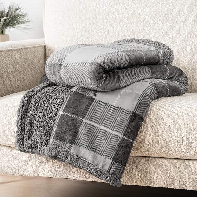 Pavilion Light Grey Plaid Sherpa Throw Blanket for Couch Twin, Plush Flannel Fleece Throws, Soft Fuzzy Cabin Blanket for Sofa Bed, Warm Cozy Winter Gift, 60x80