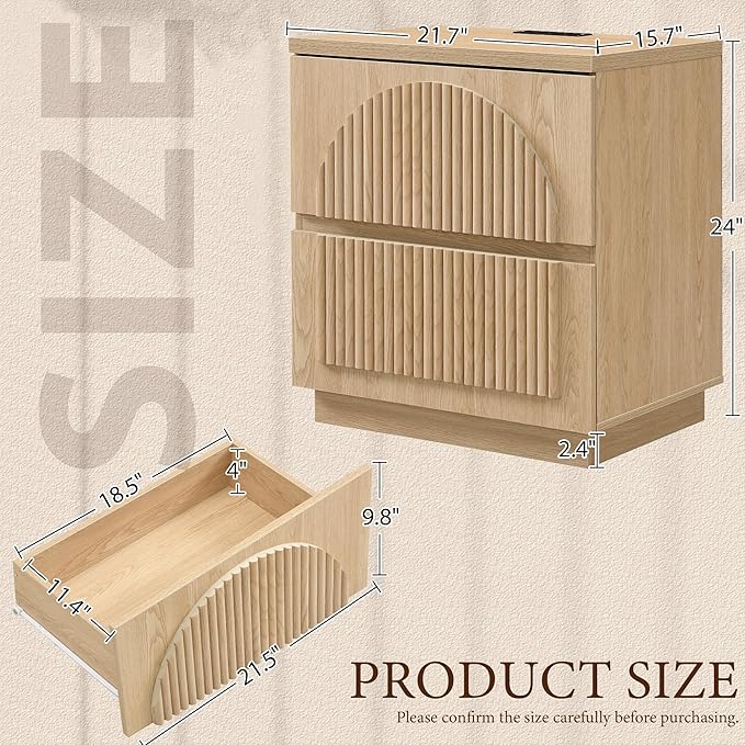 Yechen Nightstand with Drawers, Modern Arched Reeded Wood Nightstand with Charging Station, Wooden Night Stand with Storage,Bedside End Tables for Bedroom, Natural
