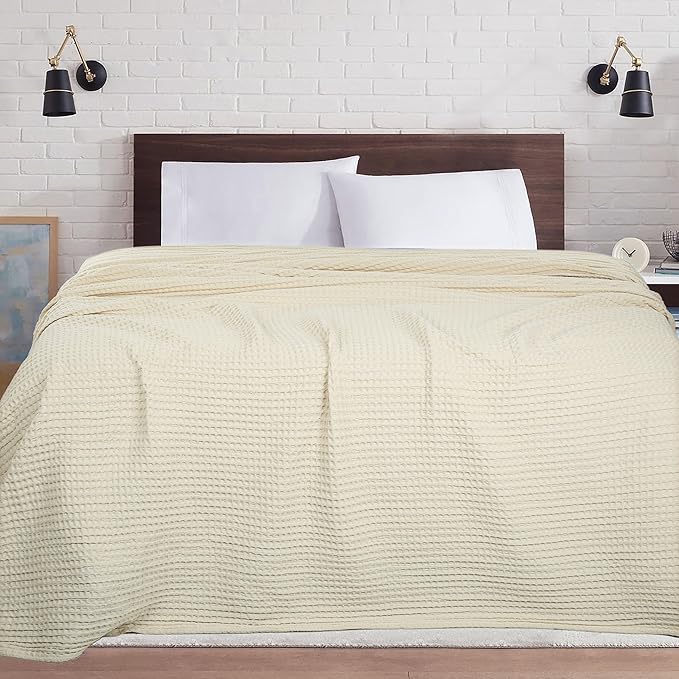 HILLFAIR 100% Cotton Blanket- 120"x120" XXL Oversized King Bed Blankets- Family Size 10 ft x 10 ft Big- Waffle Blankets- All Season Soft Breathable- Extra Large King Cotton Blanket for Bed- Ivory