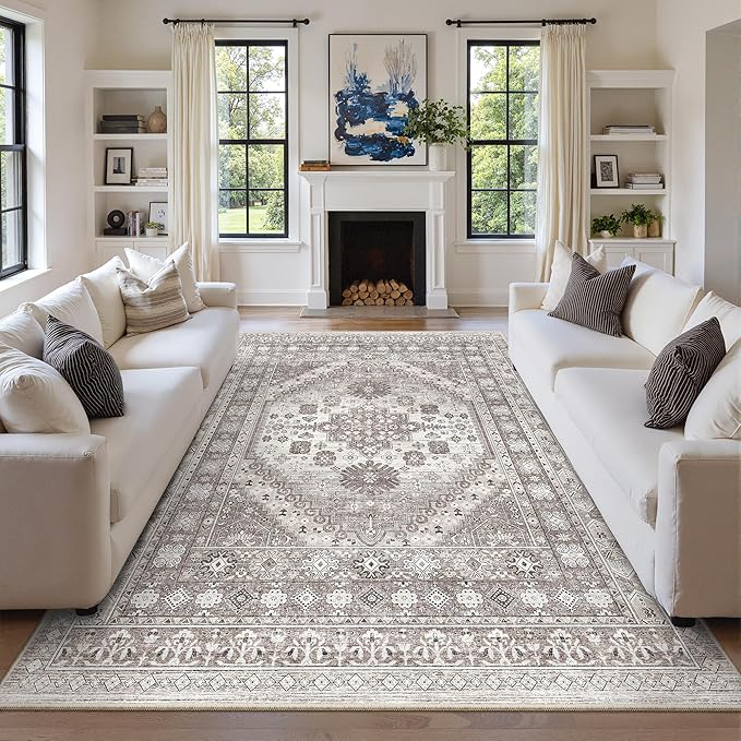 zesthome 8x10 Area Rugs for Living Room,Non-Slip Backing Washable Rugs,Vintage Large Area Rug，Stain Resistant Home Decor Rug (Brown/Beige,8'x10')