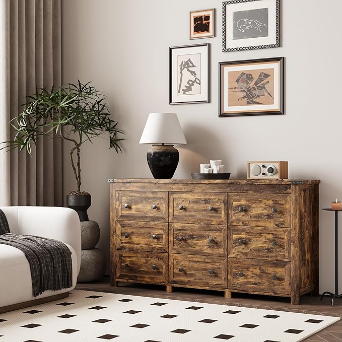 Dresser for Bedroom with 9 Drawers, Farmhouse Wood Chest of Drawers, Wide TV Stand Closet Storage Furniture with Metal Handle, Modern Clothes Organizer for Hallway, Living Room, Entryway, Brown