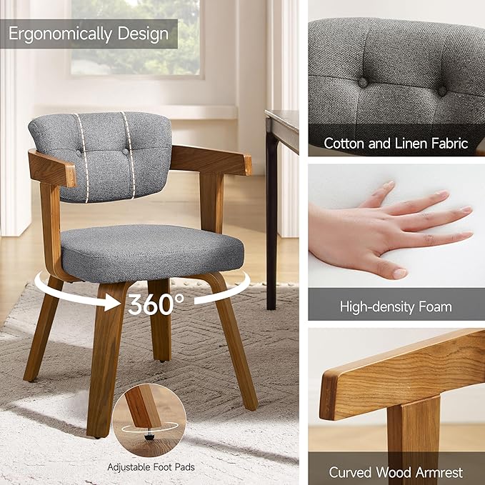 Art Leon Office Chair No Wheels - Mid Century Modern Chair, Fabric Upholstered Desk Chair Without Wheels, Accent Arm Chair with Wood Legs for Small Spaces Living Room Bedroom Study, Gray/Walnut