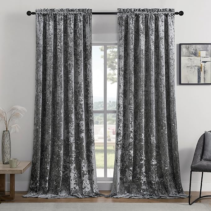 SMILETIME Grey Crushed Velvet Curtains 52x84inch Rod Pocket Luxurious Thermal Insulated Soundproof Drapes Soft and Durable Light-Filtering Window Treatments for Living Room Bedroom, 2 Panels