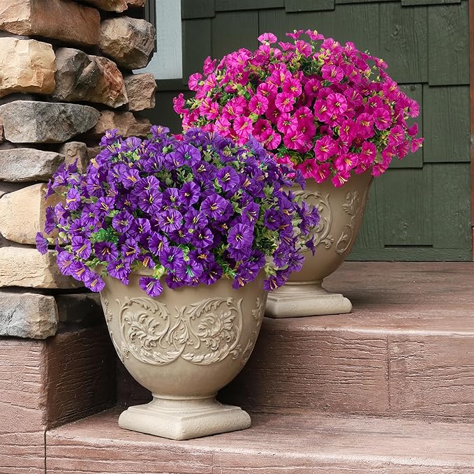 Artificial Flowers Fake Plants for Outdoors Decoration, 12 Bundles Silk Morning Glory with Eucalyptus Realistic UV Resistant Fuchsia Faux Flowers for Outside Planter Yard Patio Garden Home Indoor Urn