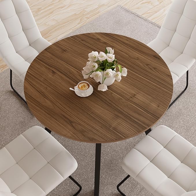 34.6'' Round Dining Table and Chairs for 4 Space Saving for Apartment Kitchen Dining Room (Walnut Table+4 U-Shaped White Chairs)