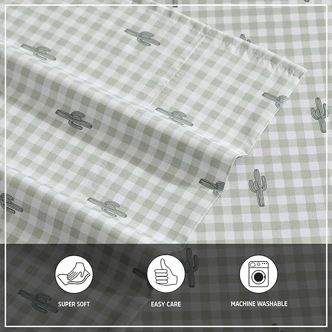 Wrangler - Full Bed Sheets, Ultra-Soft & Lightweight Bedding with Matching Pillowcases, Lightweight Bed Set for All Season Comfort, Oeko-Tex Certified (Cactus Gingham Green)