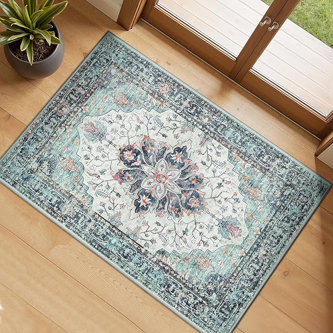 Area Rugs 2'x3' Washable Non-Slip, Floral Vintage Distress Print Pattern Medallion Carpet for Living Room Bedroom Dining Room, Green Navy Blue White Red Teal Colorful