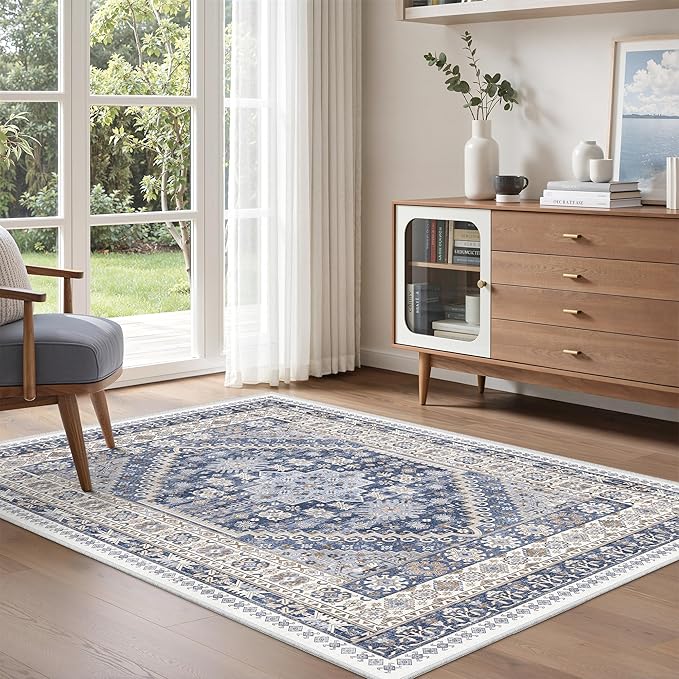 zesthome 4x6 Rug - Stain Resistant Washable Rug, Anti Slip Backing Rugs for Living Room, Foldable Vintage Small Area Rugs (Blue/Beige,4'x6')