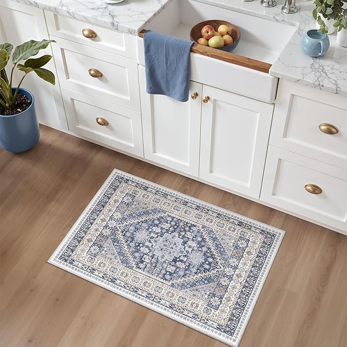 zesthome 2x3 Entryway Rug, Soft Washable Rugs, Non Slip Area Rug, Stain Resistant Low Pile Rugs for Bedroom, Vintage Rug for Door Mat, Kitchen (Blue/Beige,2'x3')