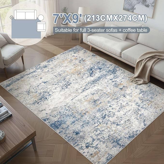 Area Rug Living Room Rugs - 7x9 Abstract Large Soft Indoor Washable Rug Neutral Modern Low Pile Carpet for Bedroom Dining Room Farmhouse Home Office - Blue