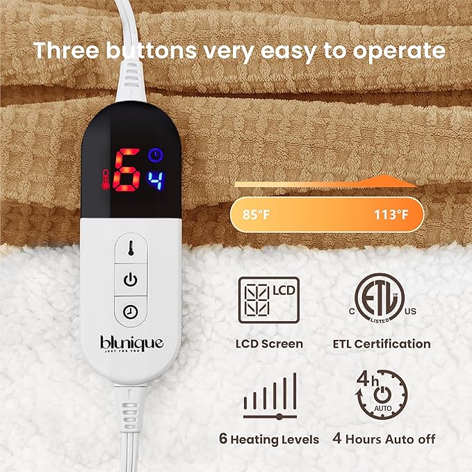 Heated Blanket Electric Throw Waffle, 50x60 Inches Sherpa Fleece Fast Heating Blanket 6 Heating Levels & 4 Hours Auto Off ETL Certification, Caramel Throw