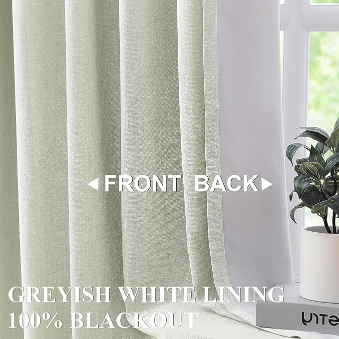 Vision Home Light Green Linen Full Blackout Curtains 90 inch Long for Bedroom Living Room Darkening Soundproof Window Panels Thermal Insulated Rod Pocket Back Tab Neutral Drapes 56" Wx90 Lx2