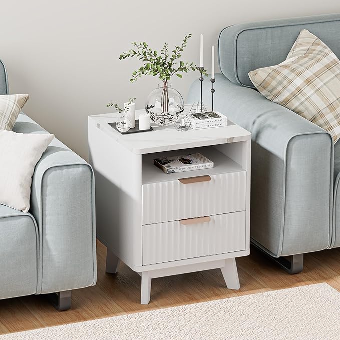 White Nightstand Set of 2, 18" Modern Night Stand with Faux Marble Top, Open Storage Shelf, Curved Edge Bedside Table for Bedroom, End Side Table