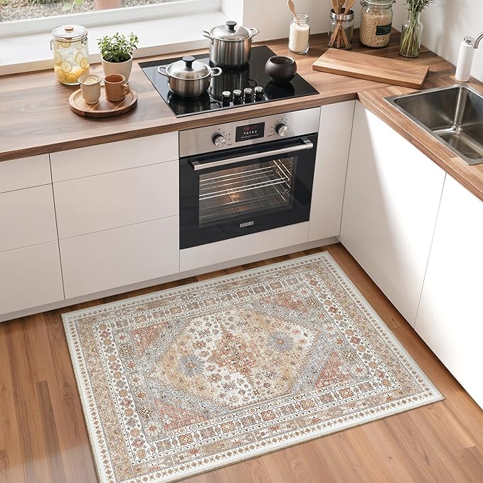 zesthome 2x3 Entryway Rug, Soft Washable Rugs, Non Slip Area Rug, Stain Resistant Low Pile Rugs for Bedroom, Vintage Rug for Door Mat, Kitchen (Orange,2'x3')