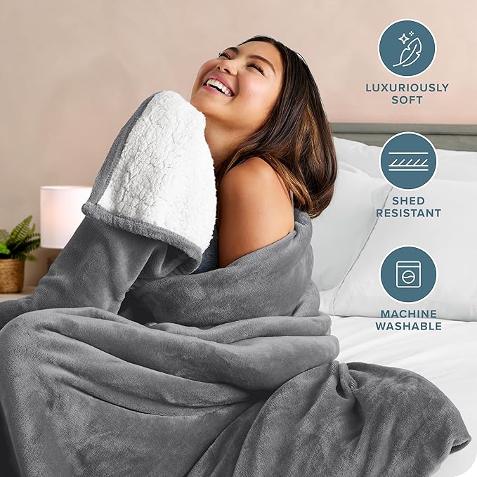 Bare Home Sherpa Fleece Blanket - Full/Queen Size - Blanket for Bed, Sofa, and Couch - Warm & Lightweight - Fluffy & Soft - Reversible (Full/Queen, Grey)
