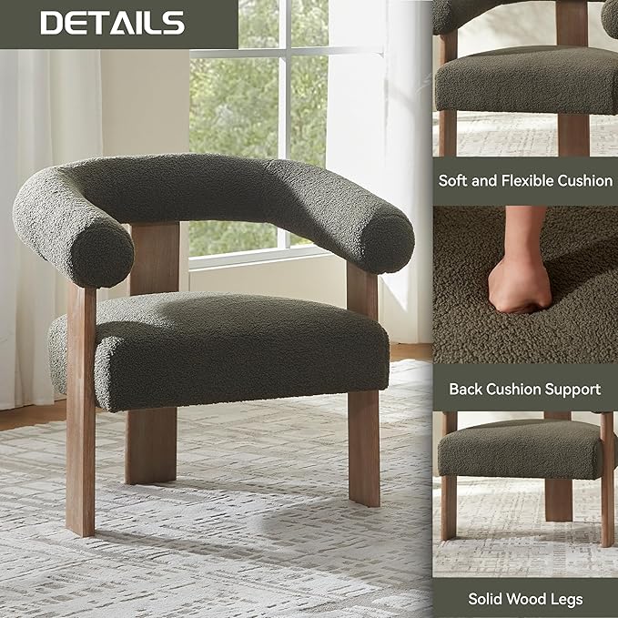 VKNOW Accent Chair Living Room Chair, Modern Upholstered Arm Chair with Solid Wood Legs, Comfy Barrel Accent Chair for Living Room, Bedroom, Green