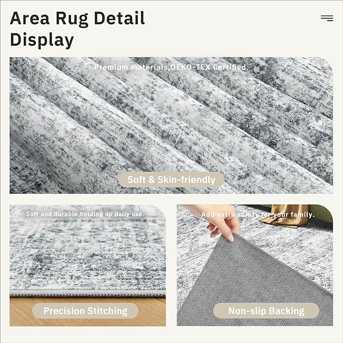 Washable Area Rug 8x10, Large Soft Rugs for Living Room Farmhouse Vintage Gray Area Rugs for Bedroom Dining Room Non-Slip Stain Resistant Under Table Rug Grey