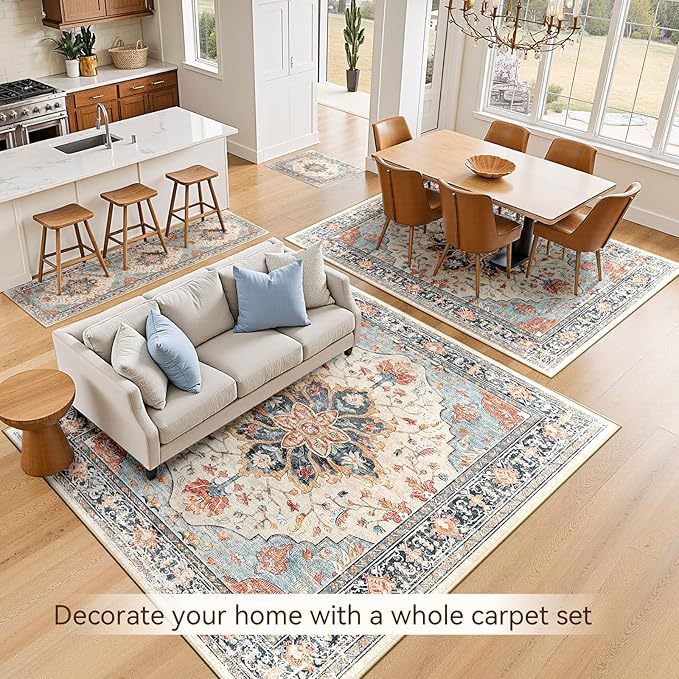 Area Rugs 5'x7' Washable Non-Slip, Floral Vintage Distress Print Pattern Medallion Carpet for Living Room Bedroom Dining Room, Beige Navy Blue Orange Colorful
