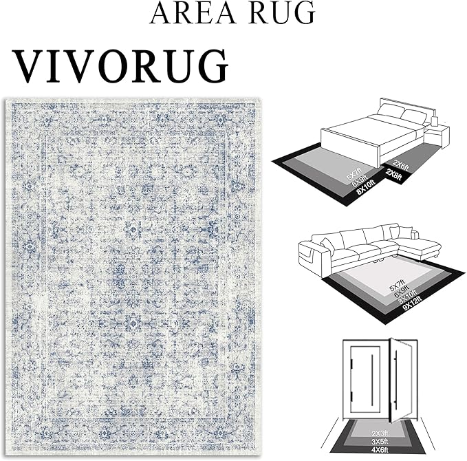 8x10 Area Rugs for Living Room, Non-Slip Backing Washable Rug 8x10, Blue Large Area Rug Soft Carpet for Bedroom Dining Room, Vintage Floral, Easy Clean, Durable, Low Pile Rug Under Table