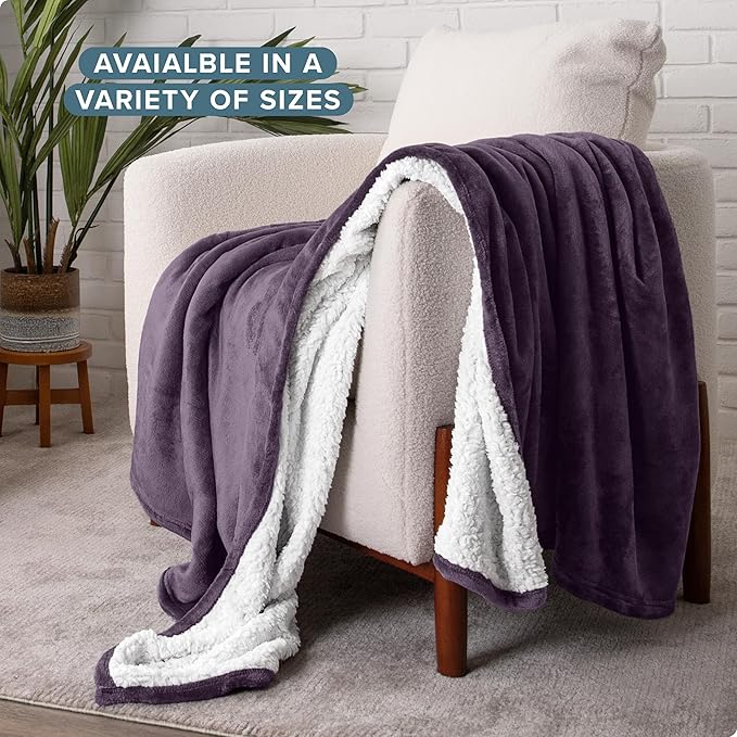 Bare Home Sherpa Fleece Blanket - King Size - Blanket for Bed, Sofa, and Couch - Warm & Lightweight - Fluffy & Soft - Reversible (King, Eggplant)