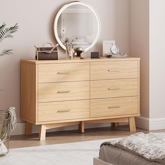 Dresser for Bedroom, 6 Drawer Wide Modern Chest of Drawers with X-Shaped Sturdy Base, Wood Double Dresser Closet Clothes Storage Organizer, Wooden TV Stand for Living Room, Hallway, Oak