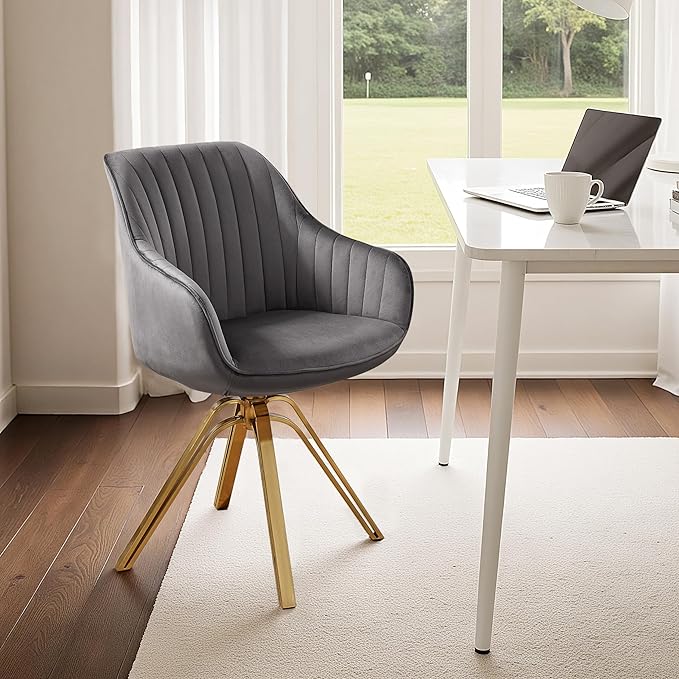 Zouron Mid Century Modern Swivel Accent Chair with Gold Metal Legs, Upholstered Swivel Chair No Wheels, Side Accent Arm Chair Vanity Chair for Small Space Home Office Living Room Bedroom, Grey