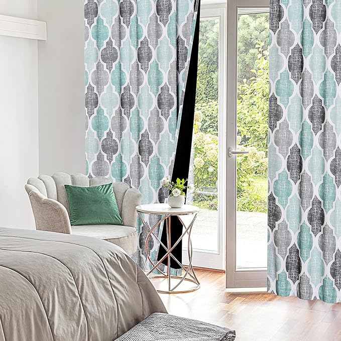 Beauoop 100% Blackout Curtains 96 Inches Long 2 Panels for Bedroom Living Room Aqua Grey Moroccan Geo Room Darkening Thermal Insulated Soundproof Rod Pocket Back Tab Window Treatments Drapes, 50x96